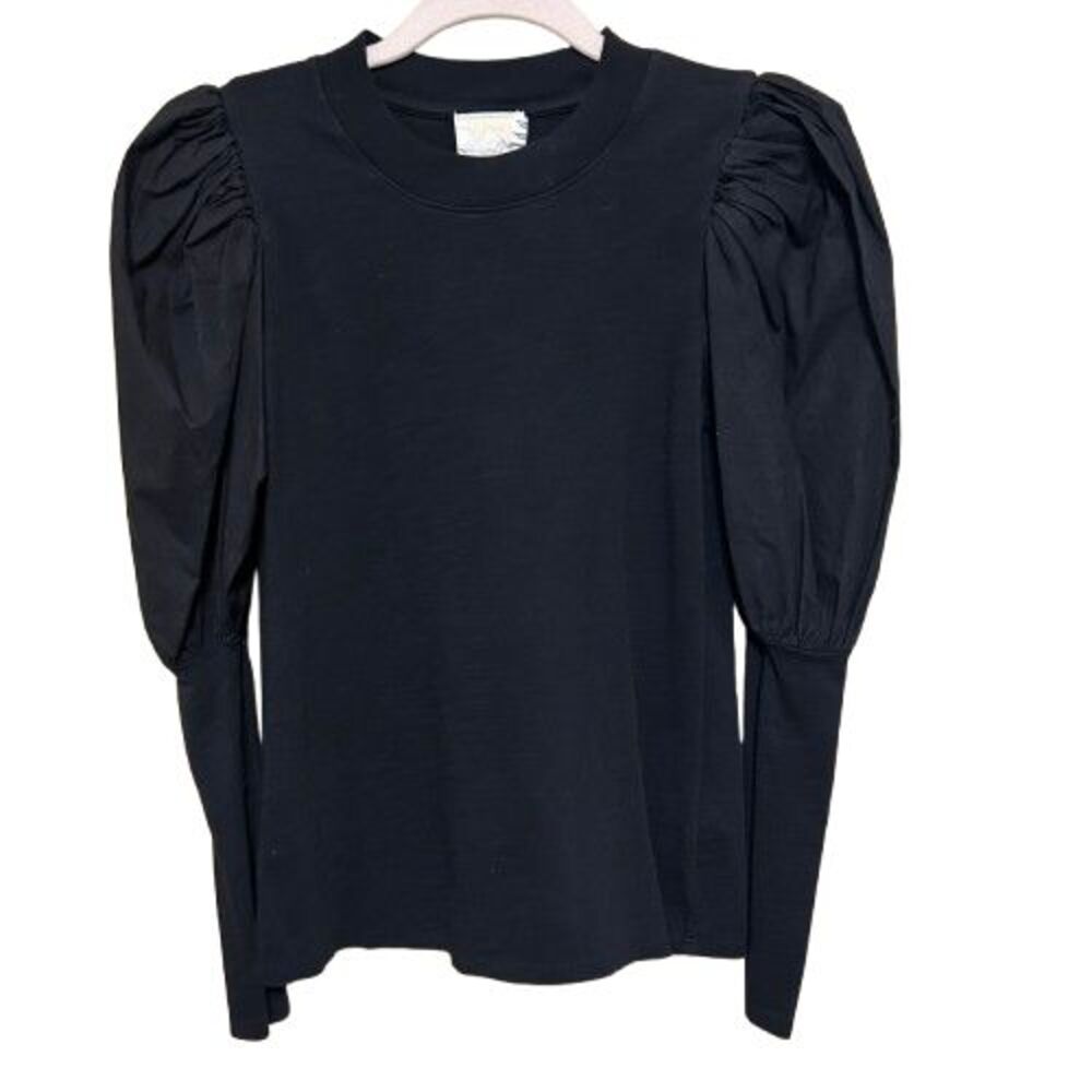 Nation Ltd Loren Puff Sleeve Long Sleeve Top Womens XS Black Cotton Minimalist